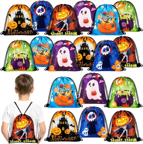 Sanwuta 18 bolsas de cordón de Halloween a granel, bolsas de regalo de calabaza, golosinas, dulces, mochila con cordón, mochila de fantasma, para
