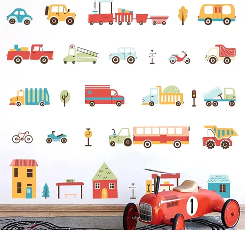 Miniatura 8 de Calcomanías de pared extraíbles de vehículos de ciudad de dibujos animados para decoración de pared de habitación de niños, vehículos de transporte