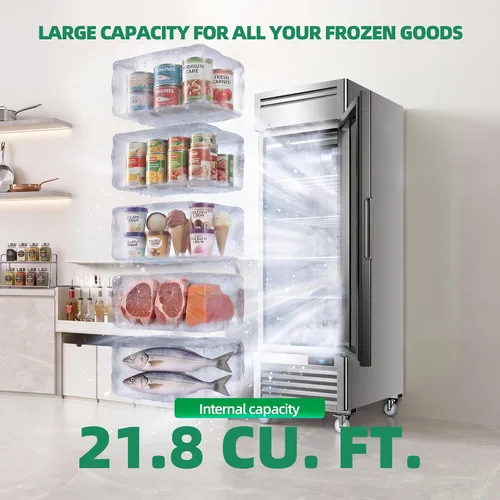 Miniatura 2 de Coolski Congelador comercial con puerta de vidrio individual, 21.8 pies cúbicos congelador vertical para helados y alimentos congelados, estantes