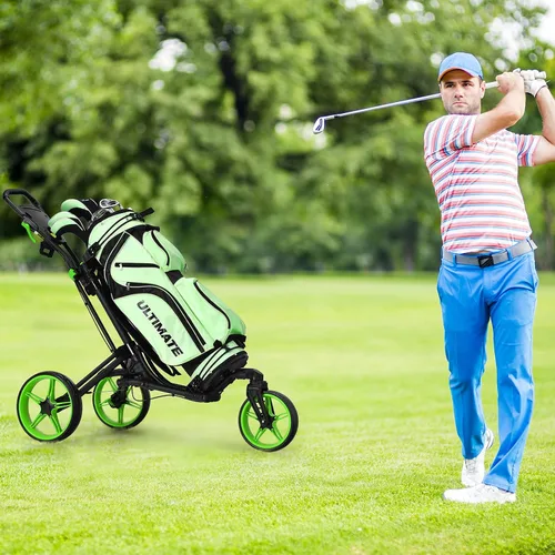 Miniatura 9 de GYMAX Carrito de golf plegable con rueda delantera giratoria, carrito de golf ajustable de 3 ruedas, carrito de golf compacto fácil de plegar