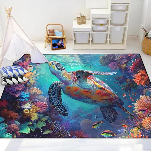 Miniatura 11 de Alfombra de tortuga marina con estampado de animales marinos y animales marinos, alfombra con estampado de tortugas marinas, para niños y niñas