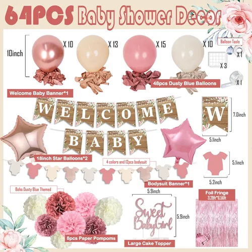 Miniatura 2 de Decoración de baby shower rosa polvoriento, juego de decoración de baby shower para niña con pancarta de bienvenida para bebé, pompones de papel