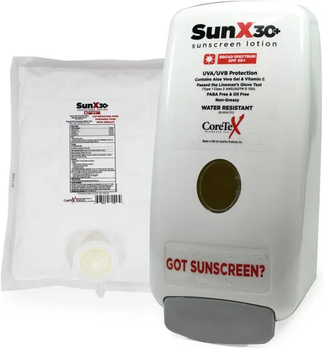 CoreTex Sun X 30+ 25.4 fl oz Loción de protección solar y dispensador de montaje en pared – Sin parabenos, oxibenzona, octinoxato ni aceite –