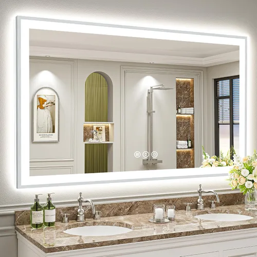 Miniatura 25 de 24x30 Espejo de baño LED con marco negro con luces, retroiluminado + iluminación frontal, espejo de tocador iluminado antivaho para pared de baño