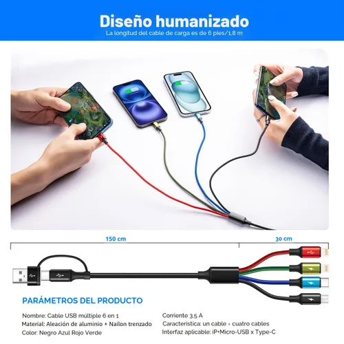 Miniatura 7 de Cable de Carga Múltiple 6 en 1, Paquete de 2 Cables Cargadores Múltiples de 6 Pies para Todos los Dispositivos Cable Trenzado USB A/C a