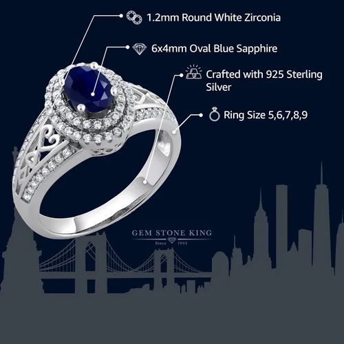 Miniatura 34 de Anillo de compromiso con halo de piedra preciosa y piedra natal en plata chapada en oro amarillo de 18 quilates, ovalado, 0.236 x 0.157 pulgadas