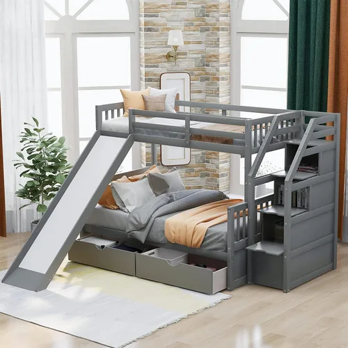 DNYN Cama alta de tamaño matrimonial con escritorio, estantes y escalera para niños y adultos, marco de cama de madera maciza, cama alta con