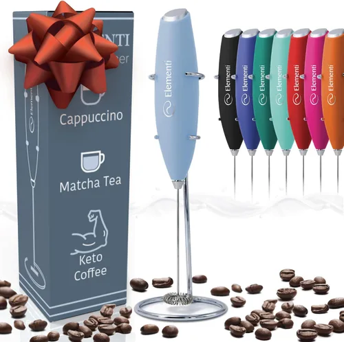Elementi Espumador de leche eléctrico de mano - Crea café cremoso, delicioso matcha y bebidas perfectas - Batidor compacto y mezclador con soporte
