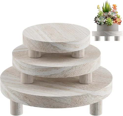 Miniatura 11 de 3 Piezas Soporte de Madera para Plantas Interior Exterior, Elevador Redondo de Madera para Decoración Taburete de Madera de 6/8/10 pulgadas Soporte