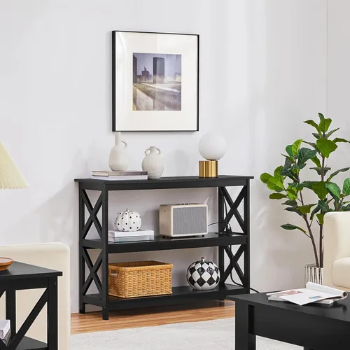 Miniatura 2 de Yaheetech Mesa de entrada con estantes de almacenamiento, mesa consola con tomas de corriente y puertos USB, mesas de sofá estrechas de madera