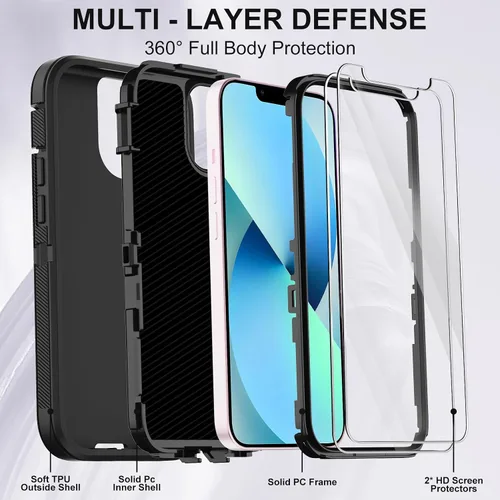 Miniatura 2 de Funda para iPhone 13 Mini con 2 protectores de pantalla, protección contra caídas a prueba de golpes, cuerpo completo, resistente, 3 capas, militar