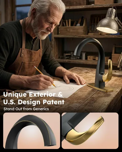 Miniatura 2 de WOWOW Grifo de Baño de Una Sola Manija 1 Agujero Grifo de Lavabo de Arco Alto en Negro y Oro con Drenaje Emergente, Grifo de Baño de Latón Sólido