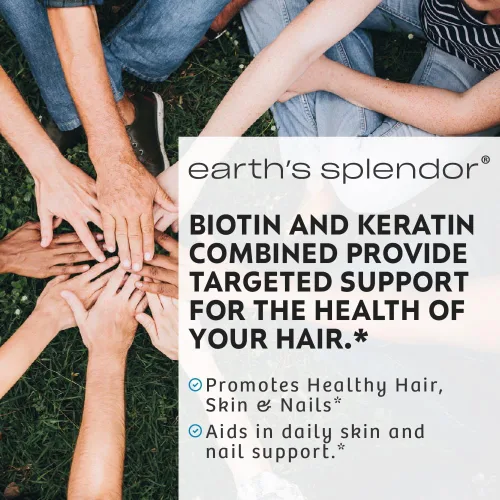 Miniatura 3 de Earth's Splendor Biotina 10,000 mcg + queratina de 25 mg, promueve un cabello saludable, uñas fuertes y soporte para la piel, suministro para 60 días