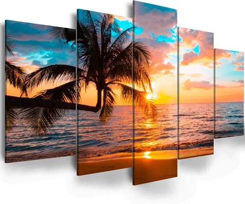 EPHANY Lienzo abstracto de playa para pared, arte de paisaje, 5 piezas, lienzo para pared, decoración de playa, lienzo para pared, puesta de sol en