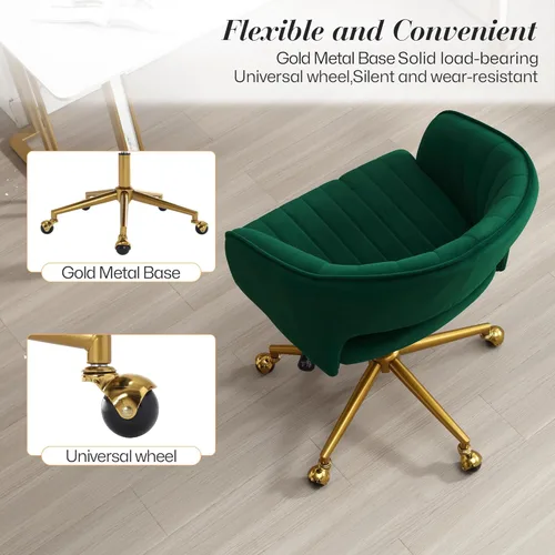 Miniatura 6 de Silla de escritorio giratoria para oficina en casa, moderna silla de escritorio de terciopelo, sillón de altura ajustable con base dorada, silla