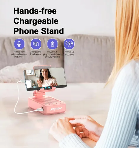 Miniatura 2 de Regalos para hombres y mujeres, soporte para teléfono con altavoz Bluetooth y función de carga, ángulo giratorio de 360°, soporte ajustable para Rosa