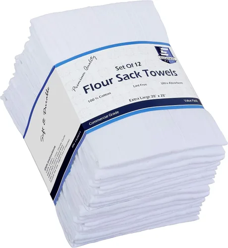 Harina Sack - Toallas de cocina (blanco, paquete de 12) 100% algodón, servilletas de tela de 28 x 28 pulgadas, envoltura de pan, estopa, paños de