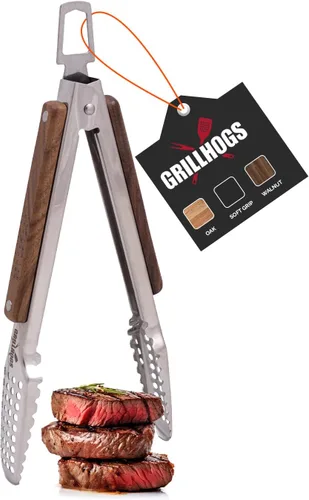 Miniatura 9 de Pinzas para barbacoa de acero inoxidable 18/0 de 9 pulgadas con mango ergonómico de madera de roble real para cocinar, accesorio duradero