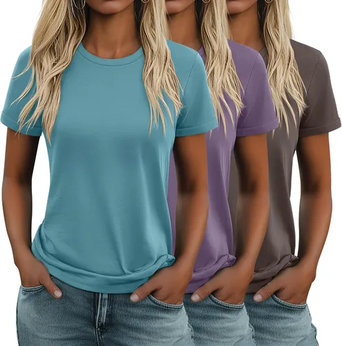Miniatura 21 de Huukeay Paquete de 3 camisetas de algodón para mujer, estilo casual, de manga corta, cuello redondo, ajuste holgado, básica, lisa