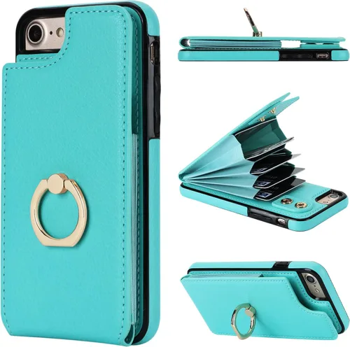 Miniatura 13 de Folosu Funda tipo cartera para iPhone SE (2022) iPhone SE (2020) iPhone 7/8 con soporte para tarjetas, soporte de anillo de rotación de 360°, Azul