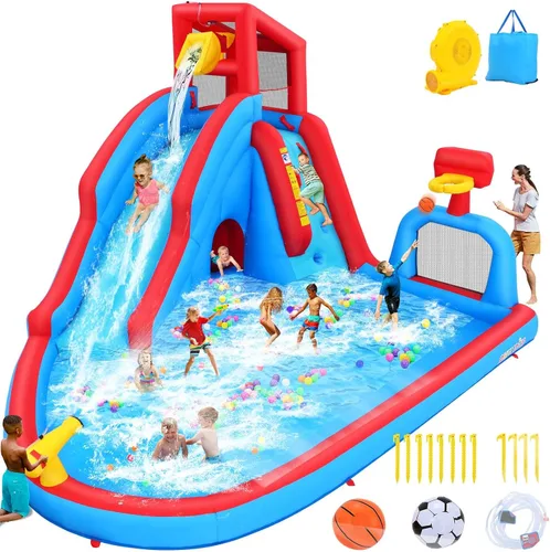Miniatura 9 de AKEYDIY Tobogán acuático inflable de doble carril, tobogán acuático de rebote para niños de 3 a 12 años, parque acuático con tobogán de carreras