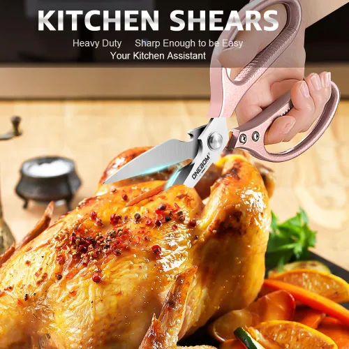 Miniatura 4 de ONEBOM - Tijeras de cocina, tijeras de cocina resistentes con hoja dentada para cortar carne, alimentos, pescado, aves de corral, accesorios de Oro