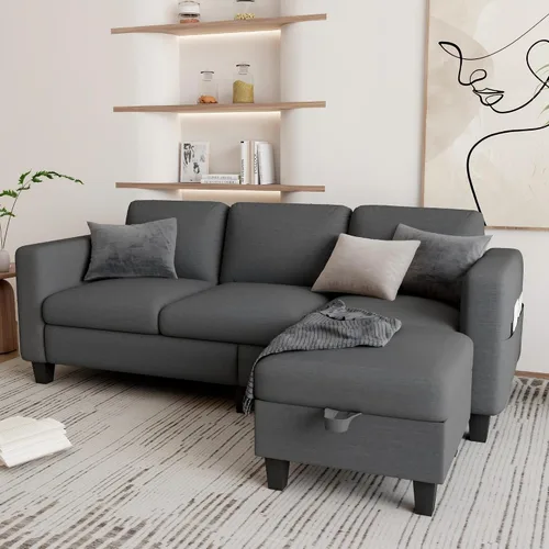 Miniatura 3 de Grzyhem Camillas seccionales para sala de estar, sofá convertible en forma de L, sofá moderno de lino gris de 3 plazas, sofás de 78 pulgadas