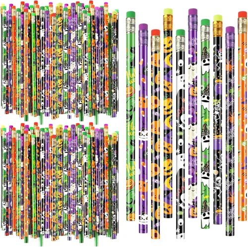 Cholemy 200 lápices de Halloween con borradores, lápices de madera a granel, calabazas coloridas, murciélagos, arañas, calaveras, fantasmas y ojos