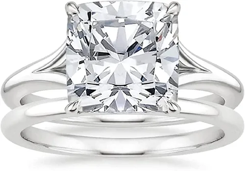 Moissanite World Cushion - Juego de anillos de compromiso y boda de 5 quilates color blanco excelente VVS1 moissanita con diamantes de plata de ley