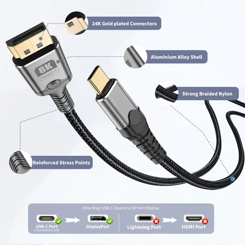 Miniatura 6 de Cable USB C a DisplayPort de 10 pies, 8K a 60 Hz 4K a 240 Hz unidireccional Thunderbolt 3/4/5 a DisplayPort cable USB C a DP compatible con MacBook