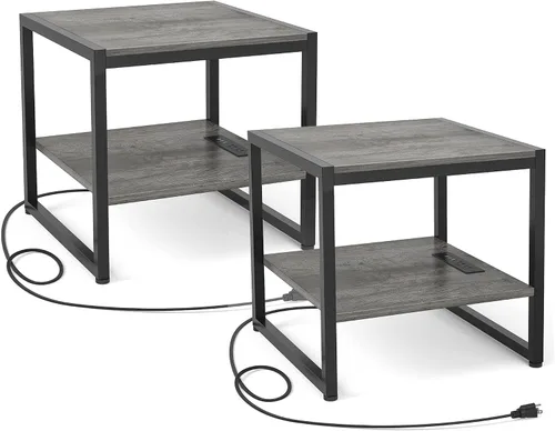 Miniatura 12 de Homieasy - Mesa auxiliar con estación de carga, soporte para mini refrigerador de 20 pulgadas con estante abierto de 2 niveles, mesita de noche