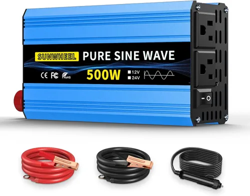 SUNWHEEL Inversor de onda sinusoidal pura de 500 W, CC 12 V a CA 110 V/120 V, inversor de potencia para automóvil con 2 salidas de CA y pantalla LCD