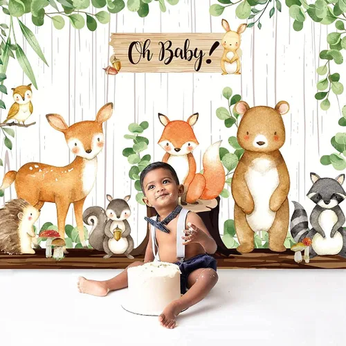 Miniatura 4 de Pancarta de fondo de baby shower de bosque, decoraciones de baby shower para niños y niñas, tela grande, temática de animales de selva, suministros