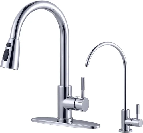 Miniatura 15 de WOWOW - Grifo de cocina cromado con rociador, grifo de fregadero de cocina extraíble de acero inoxidable con placa de cubierta, grifo de cocina