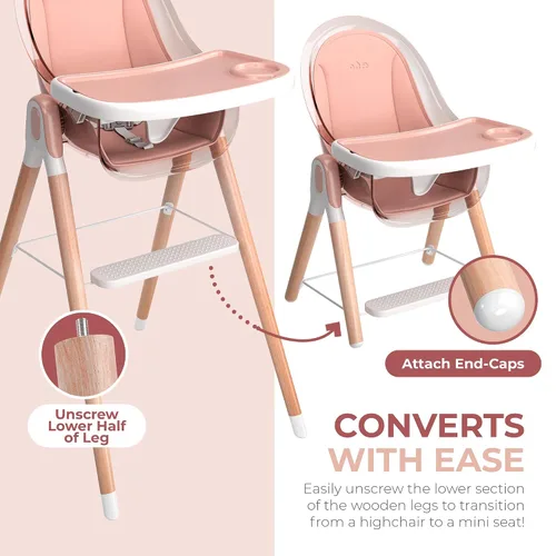 Miniatura 7 de Silla alta de madera de lujo 6 en 1 para bebés y niños pequeños, moderna, segura y compacta, fácil de limpiar, bandeja y cojín extraíbles, 6 Rosa
