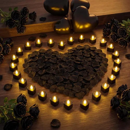 Miniatura 12 de Honoson 1000 pétalos de rosa artificiales con 24 velas LED en forma de corazón sin llama, velas especiales románticas para decoración nocturna