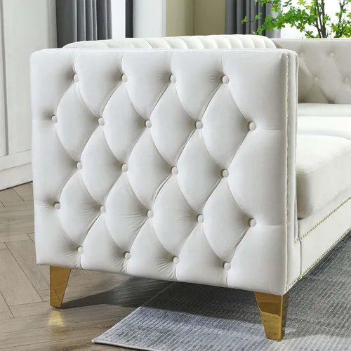 Miniatura 6 de Antetek Sofás en forma de L para sala de estar, moderno sofá de terciopelo con botones y reposabrazos cuadrados incrustados con cabezas de uñas Beige