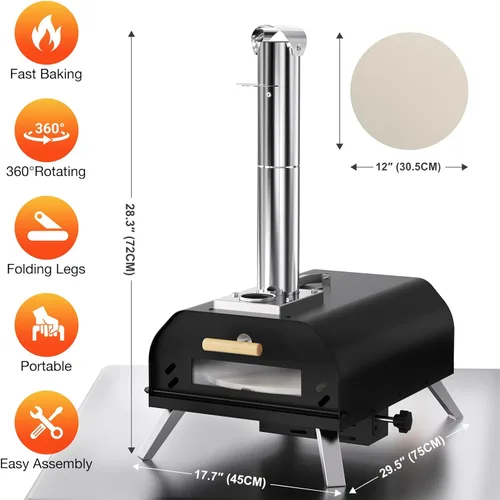 Miniatura 2 de Horno de Pizza para Exteriores de 12 Pulgadas, Hornos de Pizza de Pellets de Madera con Piedra para Pizza Giratoria de 360°, Estufa de Pizza