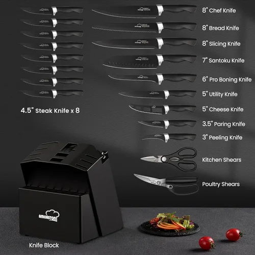 Miniatura 2 de Juego de Cuchillos, Amorston 21 Piezas Juego de Cuchillos de Cocina con Bloque y Afilador, Juego de Cuchillos Ultra Afilados con Mangos Ergonómicos