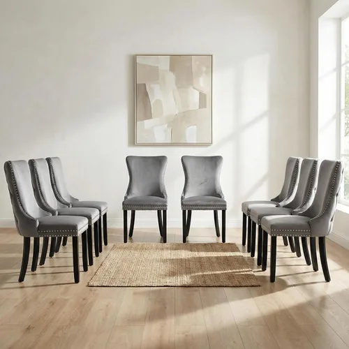 Miniatura 18 de OVENTA Juego de 4 sillas de comedor modernas tapizadas con respaldo completo, sillas de comedor de terciopelo dorado con patas de madera maciza