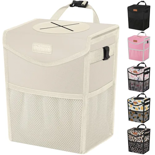 Miniatura 11 de Pritent Bote de basura para automóvil con tapa, lindo cubo de basura a prueba de fugas para colgar el vehículo, pequeño organizador portátil