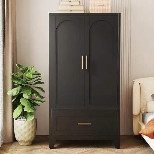 Miniatura 9 de Armario Ropero de Metal de 60" con 1 Cajón, Closet Alto Independiente Arqueado de 2 Puertas para Almacenamiento de Ropa con Estantes Ajustables