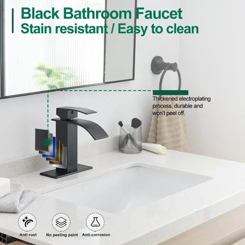 Miniatura 5 de VOTON Grifos de Baño Negros Modernos de Cascada para Lavabo de Baño Grifo de Baño Negro Mate de Una Sola Manija para 1 o 3 Agujeros con Placa