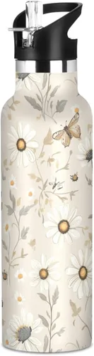 Sport Insulated Water Bottle with Leak Proof Spout Lid Vacuum Insulated BPA-Free Leak Proof for Travel, Camping, Sports, Rustic Daisy Beige
