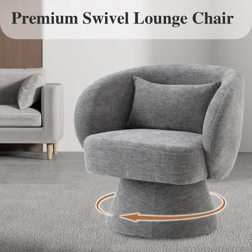 Miniatura 3 de Silla giratoria de 360°, moderna silla de barril de terciopelo con almohada, sofá individual tapizado para sala de estar, dormitorio, oficina. Gris