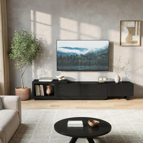 Soporte de TV extensible para televisores de 65 a 100 pulgadas, consola de entretenimiento negra con 3 cajones y 1 compartimento de almacenamiento,