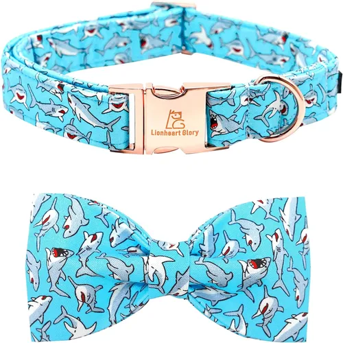 Lionheart glory Collar de perro con lazo azul con lazo estampado de tiburón, collar para perro niño o niña, suave, duradero, ajustable, para perros