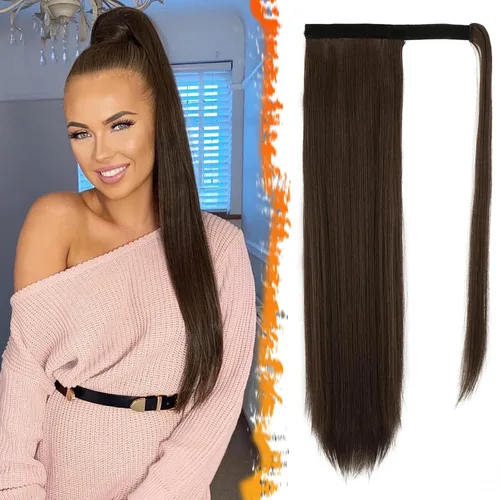Miniatura 38 de BARSDAR Extensión de cola de caballo de 28 pulgadas largo recto envoltura alrededor del clip en pelo de fibra sintética para mujeres, negro