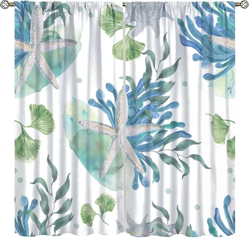 Miniatura 10 de Cortinas de decoración de playa con océano azul, peces náuticos costeros playeros de verano, conchas marinas, temática infantil, dormitorio, sala