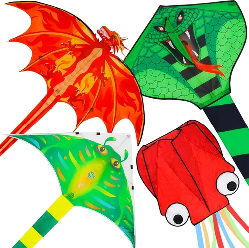 Paquete de 4 cometas – Cometa grande de dragón de fuego, serpiente verde, pez diablo, molusco rojo, pulpo con cola larga y colorida para niños y
